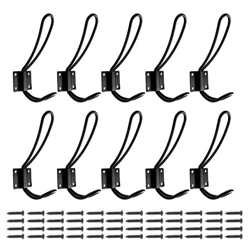OUSHINAN Rustic Entryway Hooks | 10 Pack of Black Wall Mounted Vintage Double Coat Hangers with Large Metal Screws Included - Image 1